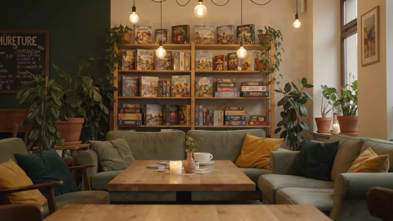 Ein Holztisch im Café: Würfel rollen, Karten werden ausgeteilt, ein Cappuccino dampft, dahinter das Regal voller Brettspiele